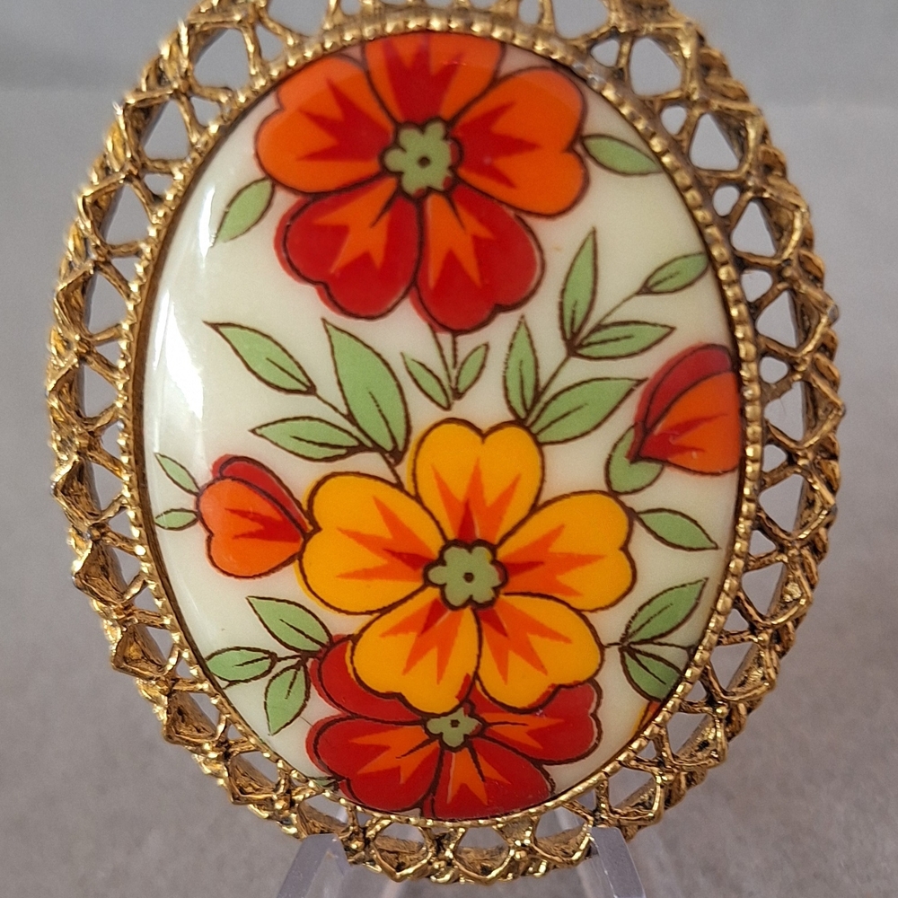 Red & Orange Flower Transfer Vintage Brooch Gold Frame